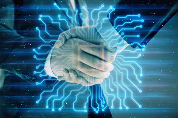 Multi exposure of human brain drawing on abstract background with two men handshake. Concept of data technology in business