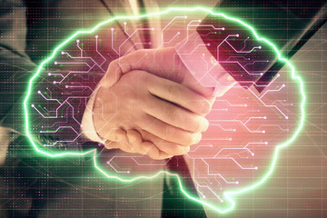 Multi exposure of human brain drawing on abstract background with two men handshake. Concept of data technology in business