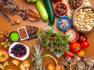 Mixed colorful foods contains antioxidants, vitamins, fiber. Immune boosting products. Healthy clean concept. Superfoods