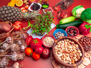 Mixed colorful foods contains antioxidants, vitamins, fiber. Immune boosting products. Healthy clean concept. Superfoods