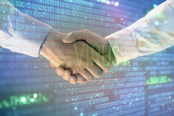 Multi exposure of hacking drawing on abstract background with two men handshake. Concept of data cyberpiracy