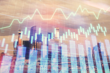 Double exposure of financial graph on downtown veiw background. Concept of stock market research and analysis