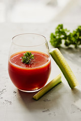 Glass of fresh tomato juice. Healthy vegetable drink