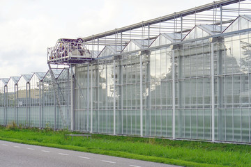 Glasshouses or greenhouses for growing vegetables against sky. On the outside of the greenhouses in The Netherlands. High tech industrial production of vegetables and flowers.