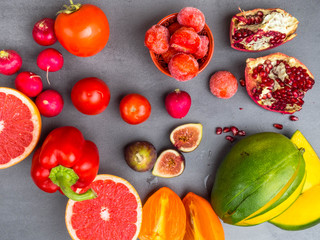 fresh red, orange, yellow fruit and vegetables rich in antioxidants, fiber, alfa carotene, lycopene, beta carotene, carotenoid, lutein, phosphorus, calcium, vitamin c.