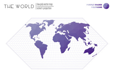 Polygonal world map. Eckert I projection of the world. Purple Shades colored polygons. Modern vector illustration.