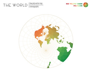 Low poly world map. Stereographic of the world. Red Yellow Green colored polygons. Awesome vector illustration.