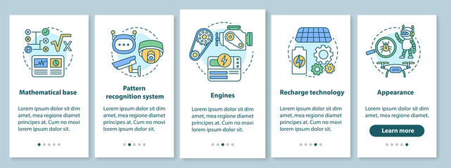 Technology in robotics onboarding mobile app page screen with linear concepts. Engineering autonomous devices walkthrough steps graphic instructions. UX, UI, GUI vector template with illustrations