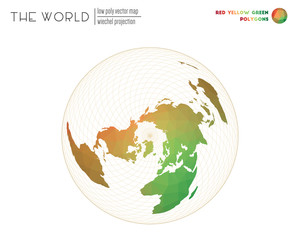 Polygonal map of the world. Wiechel projection of the world. Red Yellow Green colored polygons. Awesome vector illustration.