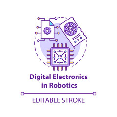 Digital electronics in robotics concept icon. Computer chip and microscheme idea thin line illustration. Processor, hardware element. Vector isolated outline drawing. Editable stroke..