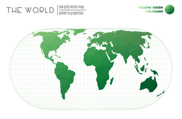World map in polygonal style. Eckert IV projection of the world. Yellow Green colored polygons. Stylish vector illustration.