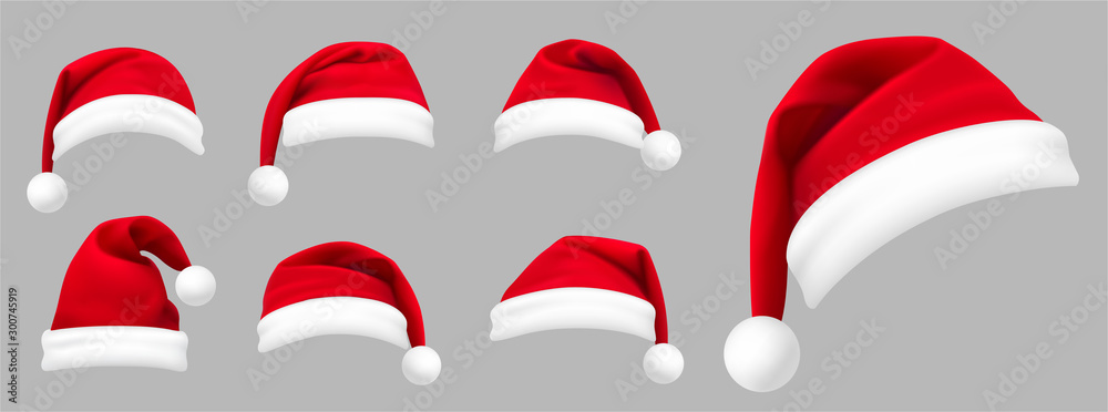 Canvas Prints realistic set of red santa hats. new year red hat. - stock vector.