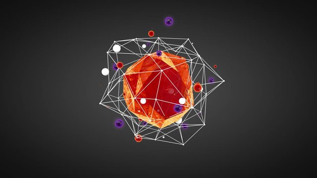 3D animation of an atomic crystal lattice that pulsates and in the center of which pulsates a fiery stone. 4K animation for futuristic screensavers.