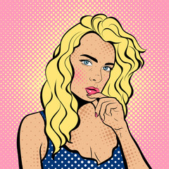 Sexy young woman. Advertising Pop Art poster or party invitation with club girl with open mouth in comic style. - Illustration.