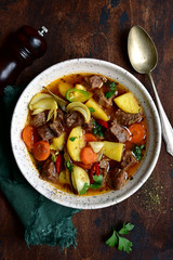 Beef stew with vegetables. Top view with copy space.