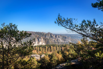 Fototapeta na wymiar Blick zur Bastei mit Nadelbäumen im Vordergrund und Elbtal im Hintergrund