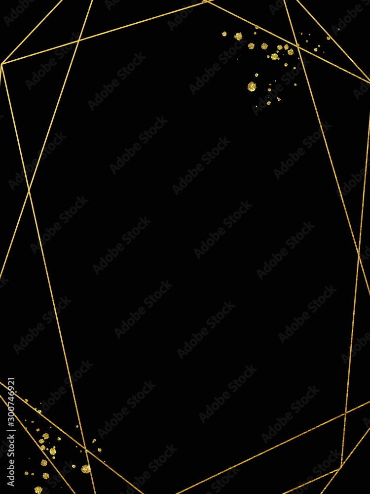 Wall mural Black textured geometric frame. Abstract gold polygonal geometric frame with golden glitter triangles, geometric, diamond shapes on black background. Golden confetti splashes in the corner.