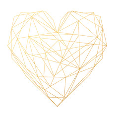 White textured geometric golden heart. Abstract gold polygonal geometric shape with golden glitter triangles, geometric, diamond shapes on white background.
