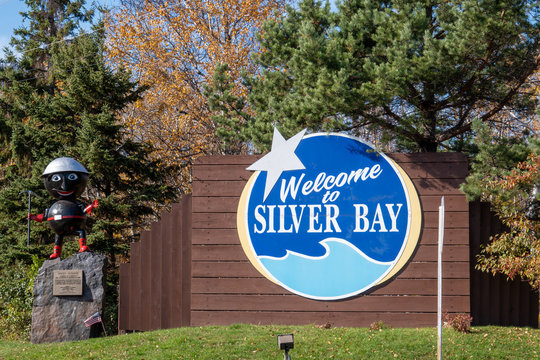 Silver Bay, Minnesota - October 20, 2019: Sign for Welcome to Silver Bay, a town on Lake Superior known for its taconite mining industry