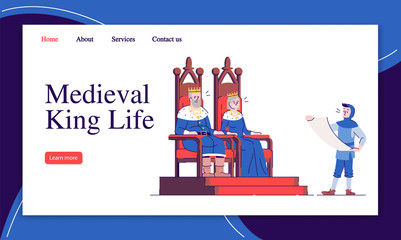 Medieval king life landing page vector template. Monarchy history website interface idea with flat illustrations. Middle Age royalty homepage layout. Sovereignty web banner, webpage cartoon concept