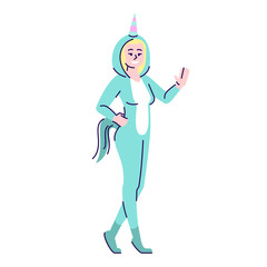 Girl dressed in unicorn costume flat vector illustration. Woman in Halloween party outfit cartoon character with outline elements isolated on white background. Megical creature with horn
