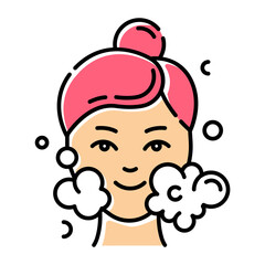 Water face cleanser color icon. Skin care procedure. Facial beauty treatment. Foam and bubbles. Cleansing and moisturizing effect. Dermatology, cosmetics, makeup. Isolated vector illustration