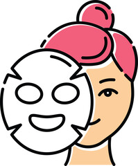 Applying sheet mask color icon. Skin care procedure. Hydrogen mask. Facial beauty treatment. Face cotton product for moisturizing effect. Dermatology, cosmetics, makeup. Isolated vector illustration