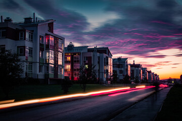 Light trails of passing cars in front of houses during sunset with purple clouds