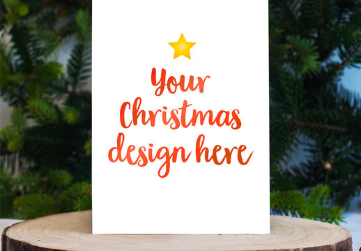 Christmas Card Mockup on Slab of Wood