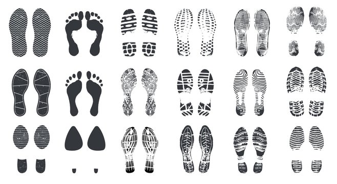 Footprint silhouettes. Barefoot, sneaker and shoes steps with dirt texture. Walking boot footprints, foot imprints vector isolated set. Footwear footprint, inprint track bare and shoe illustration