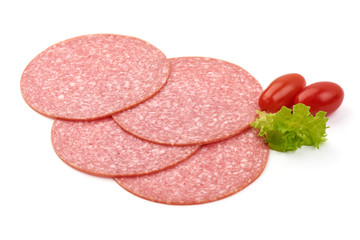 Salami sausage slices, isolated on white background