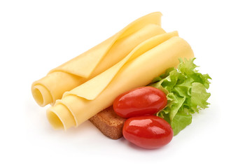 Traditional Holland cheese slices, gouda, isolated on white background