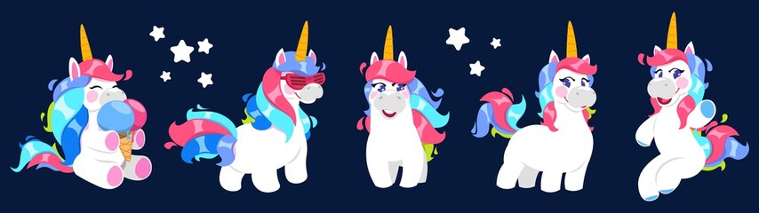 Funny unicorn. Vector cartoon unicorn collection. Cute white magic pony with colorful tails. Funny animal unicorn, happy cartoon magic character illustration © MicroOne