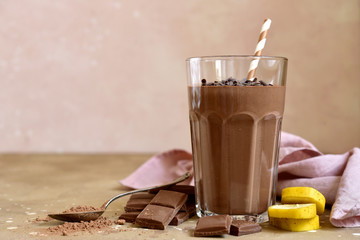 Homemade delicious chocolate banana smoothie for a breakfast.