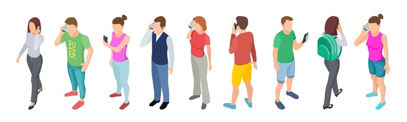 Fototapeta na wymiar Phone talking. Isometric people communication. Vector 3D male female characters with smartphones isolated on white background. Communication and conversation telephone, community people illustration