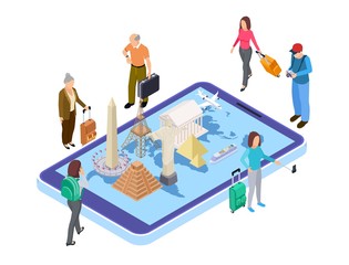 Travel concept. Different landmarks on world map. Isometric travellers, online booking tickets, vouchers. World travel isometric, building statue illustration