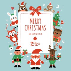 Fototapeta na wymiar Christmas characters card. Santa, deer and fir-tree, rabbit and owl with gifts around festive banner. Xmas party vector invitation. Illustration christmas card with gift and santa