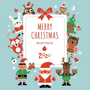 Christmas characters card. Santa, deer and fir-tree, rabbit and owl with gifts around festive banner. Xmas party vector invitation. Illustration christmas card with gift and santa