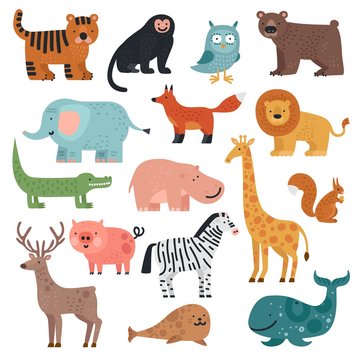 Cartoon animals. Tiger, monkey and bear, elephant and lion, crocodile and deer, hare forest and tropical cute animal vector set. Monkey and deer, reptile and bear illustration