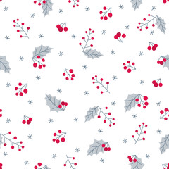 Christmas seamless pattern. Holly leaves and berries on white