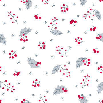 Christmas seamless pattern. Holly leaves and berries on white