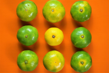 Fondo naranja con grupo de mandarinas