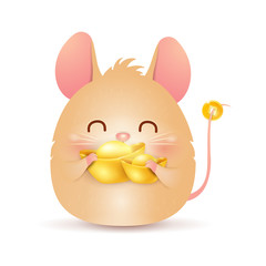 Happy Chinese New Year 2020. Cute, funny cartoon Little Rat character design holding chinese gold ingot isolated on white background. The year of the rat. Zodiac of the rat