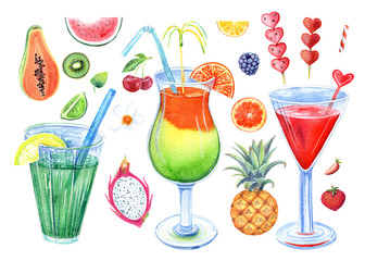 Clip Art set with 3 colorful cocktails, tropical fruit,  pineapple, watermelon, pitahaya, papaya, orange,  lemon, lime. Hand painted in watercolor.