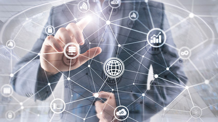 ICT - information and telecommunication technology and IOT - internet of things concepts. Diagrams with icons on server room backgrounds