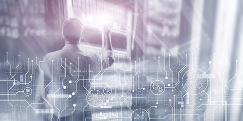 Schematic electronic draft server room information communication technology background. Template...