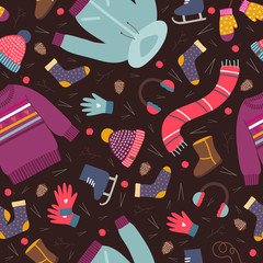 Seasonal vector seamless pattern with winter clothes; scarf, hat, socks, sweater, gloves