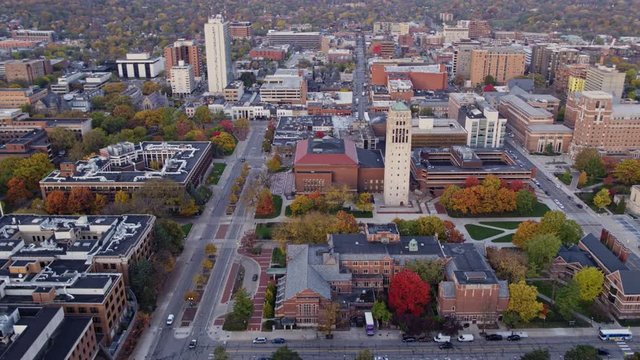 Ann Arbor Michigan Aerial v20 Panning birdseye from Ingalls Hall rotating out to surrounding campus cityscape - October 2017