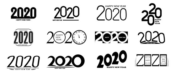 Set of 2020 happy new year signs. Collection of 2020 happy new year symbols. Vector illustration with black holiday labels isolated on white background