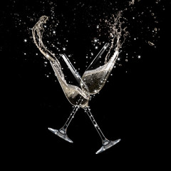 Glasses of champagne levitating in the air, celebration theme.